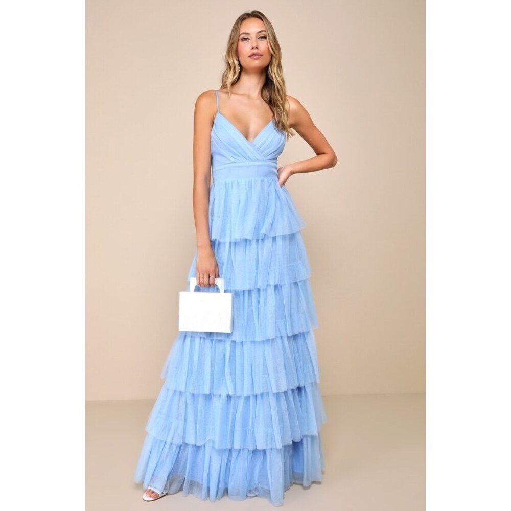 Lulus Rule The Runway Light Blue Tulle Surplice Tiered Maxi Dress - Size 1X